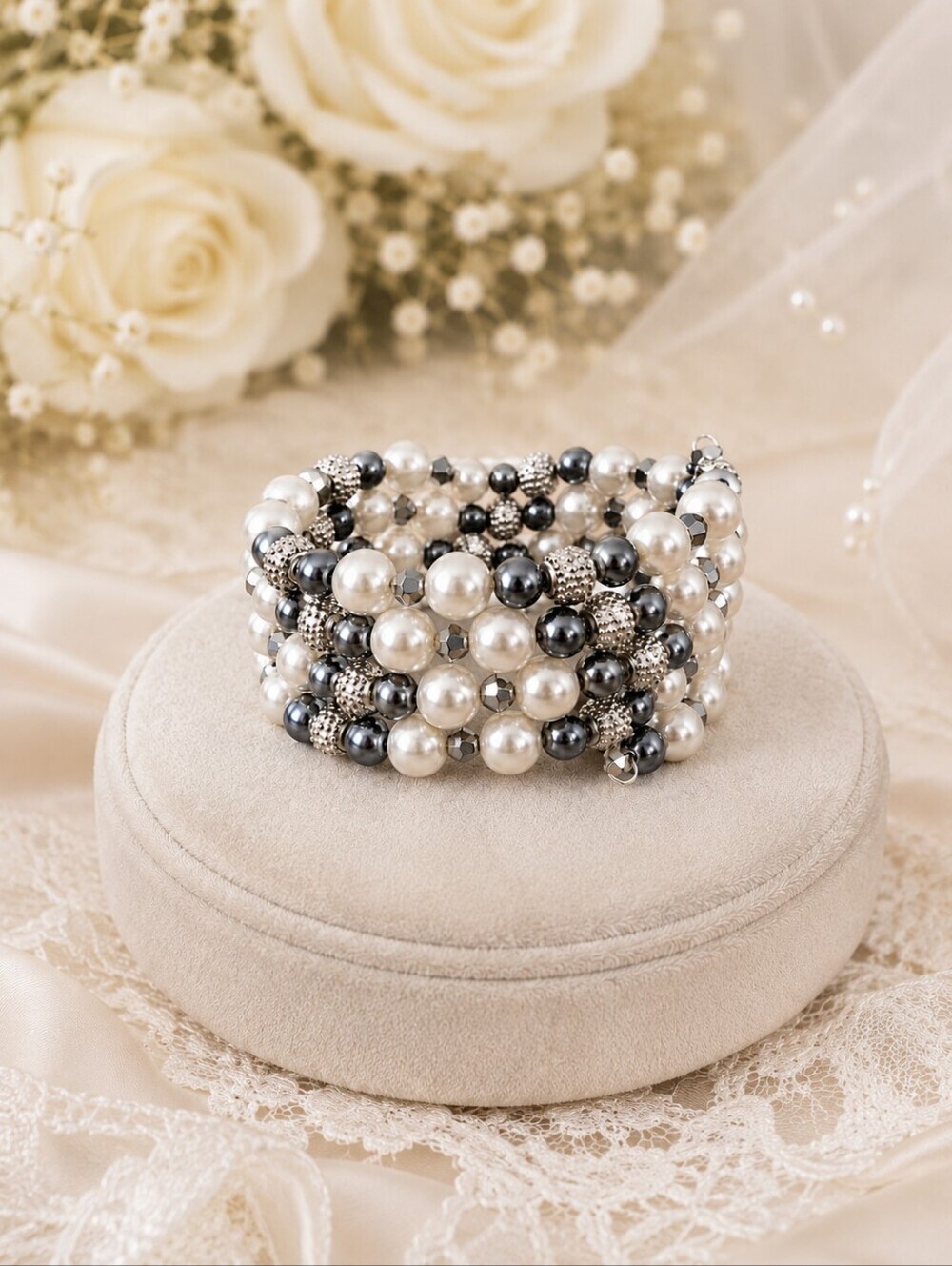 Pearl & Dark Gray Beaded Wrap Bracelet - Statement Bracelet - Wedding Jewelry